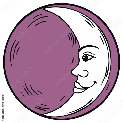 Smiling moon face illustration in a purple circle with black outline