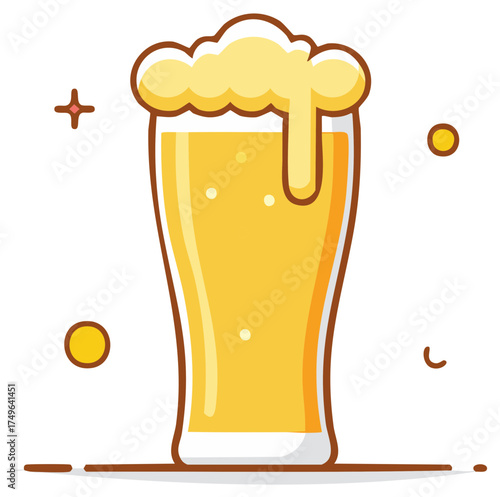 Refreshing golden beer with frothy head in a tall glass with bubbly details