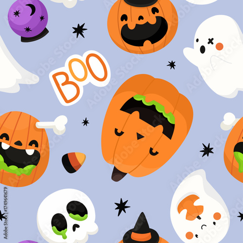 Seamless Halloween pattern with cute ghosts and pumpkins. Festive background