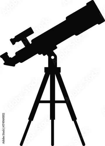Minimal vector silhouette, telescope on tripod pointed toward sky, side profile, solid black silhouette