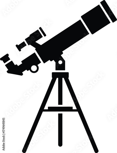 Minimal vector silhouette, telescope on tripod pointed toward sky, side profile, solid black silhouette