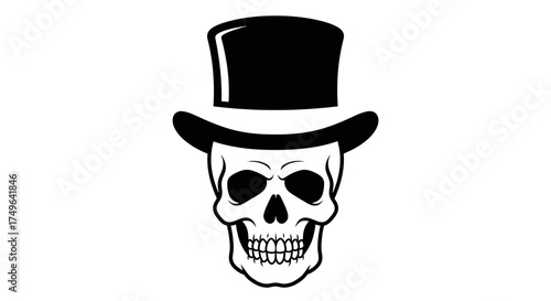 A stark black and white illustration of a skull wearing a top hat, symbolizing mystery and the macabre with an artistic flair