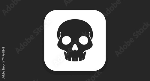 A simple black human skull icon on a white rounded square. This minimalist vector graphic represents danger, poison, and death, ideal for a warning sign or app button