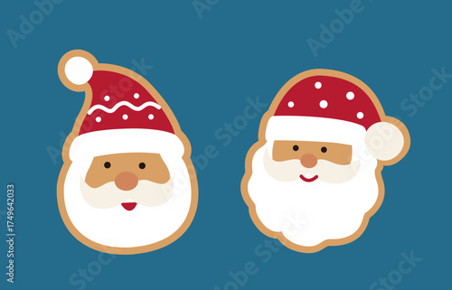 Christmas Santa Claus Gingerbread cookies flat vector illustration set.
Holiday santa claus head ginger cookie clipart design.
Good for greeting card,poster, banner, leaflet.
plain background.