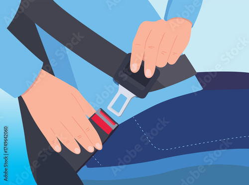 Close-up of hands fastening a seatbelt while sitting in a car, flat design style illustration. Safe transport and automobile journey, security, safety, protection concept