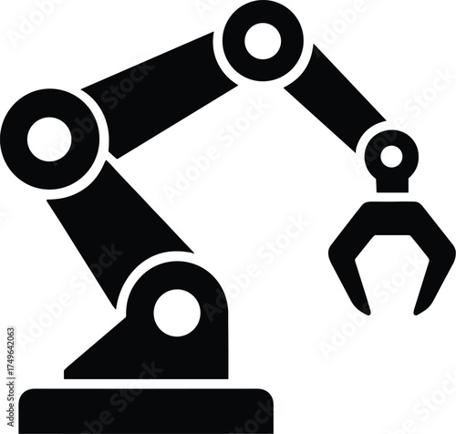 robotic arm with claw grip extended, industrial design, side profile, solid black siilhouette