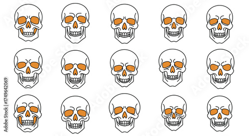 Repetitive pattern of graphic human skulls with orange eye sockets. A spooky and minimalist vector illustration concept for Halloween or danger symbols