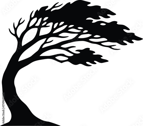 wind-blown tree with curved trunk and sparse branches, side view, solid black sillhouette