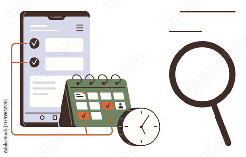 Smartphone displaying task checklist, calendar with marked dates, clock, and magnifying glass for search. Ideal for time management, productivity, organization, scheduling, deadlines search simple