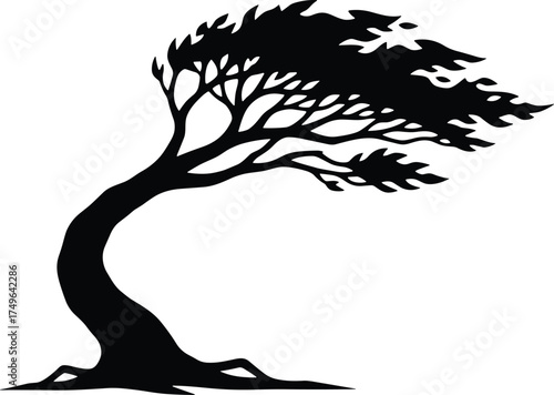wind-blown tree with curved trunk and sparse branches, side view, solid black sillhouette