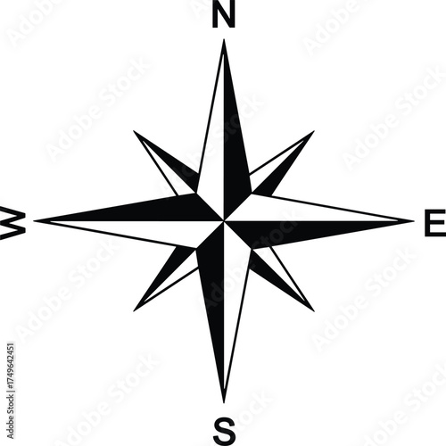 compass rose with pointed cardinal directions, geometric symmetry, solid black silhouette