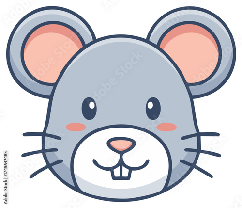 Cute cartoon gray mouse head illustration with a friendly happy face and big ears