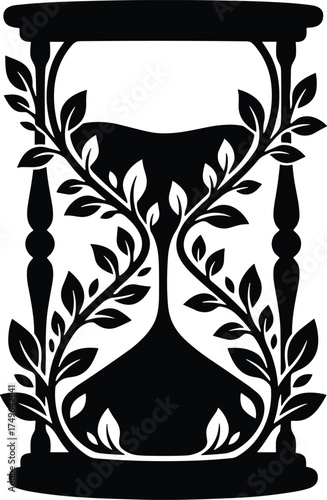 hourglass entwined with vines and leaves, time and nature theme, solid black silhouette