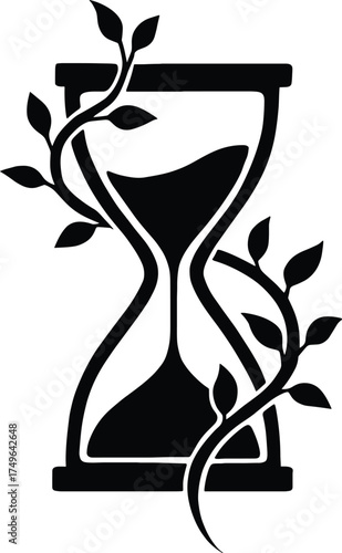 hourglass entwined with vines and leaves, time and nature theme, solid black silhouette
