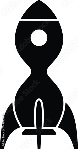 hourglass-shaped astronaut rocket with fins and window, side profile, solid black silhouette
