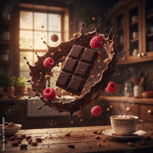 Indulgent splash of chocolate and raspberries promoting healthy desserts in a warm kitchen, food blogs visual content, trendy healthy diet blogs, eco free,  live products promotion