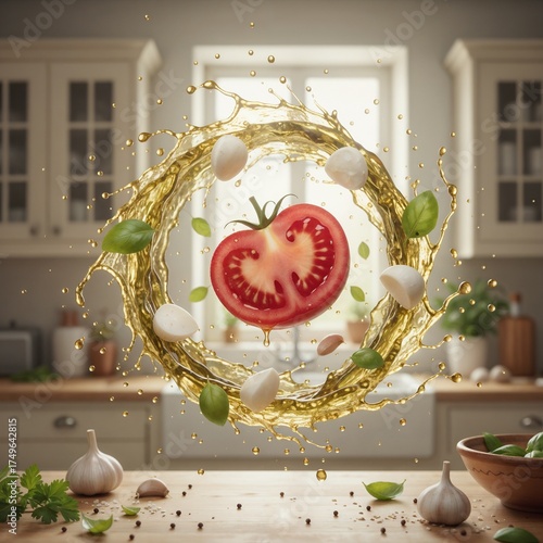 Vibrant splash of tomato and ingredients promoting eco-friendly cooking in a cozy kitchen, food blogs visual content, trendy healthy diet blogs, eco free,  live products promotion