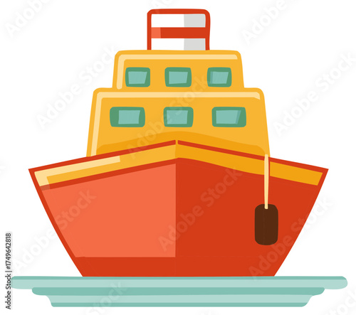 Stylized Cargo Ship Illustration Bright Colors Red Hull Maritime Transport  Nautical Vessel Waters Surface Colorful Vector Graphic Design Element