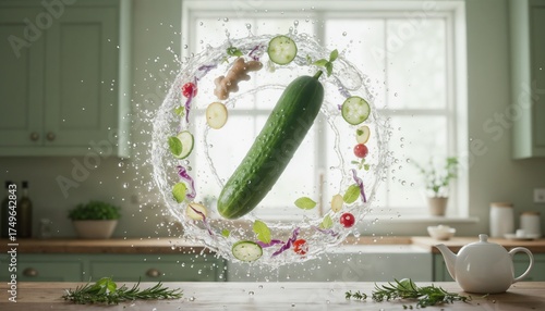 Dynamic splash of cucumber and vegetables promoting healthy lifestyle in a bright kitchen, food blogs visual content, trendy healthy diet blogs, eco free,  live products promotion