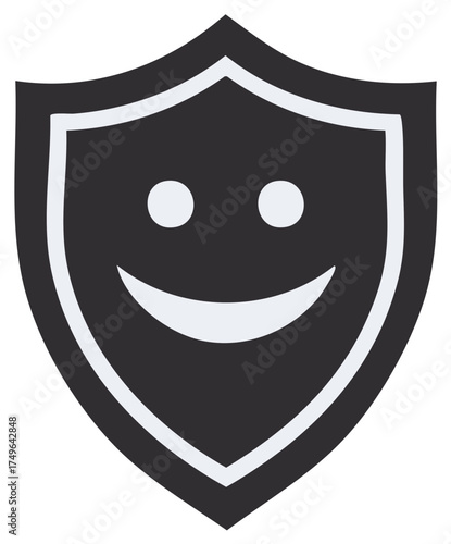 Smiling Face in Shield Shape Icon, Graphic Security Symbol Concept