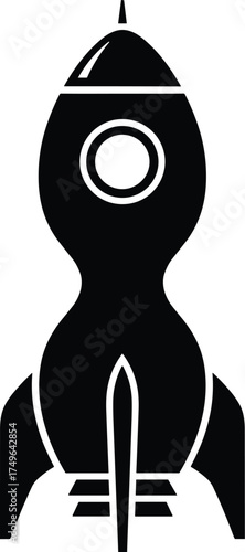 hourglass-shaped astronaut rocket with fins and window, side profile, solid black silhouette