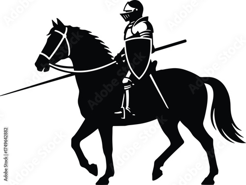 knight on horseback holding lance, side profile, solid black silhouette