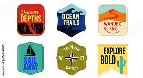 Adventure travel badges set, explore depths ocean trails wander far sail