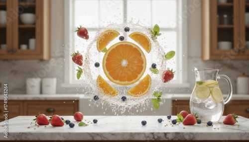 Fresh fruits and splash of water promoting healthy lifestyle in a modern kitchen, food blogs visual content, trendy healthy diet blogs, eco free,  live products promotion