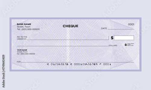 MICR Personal Check Vector with Text Area, guilloche pattern background