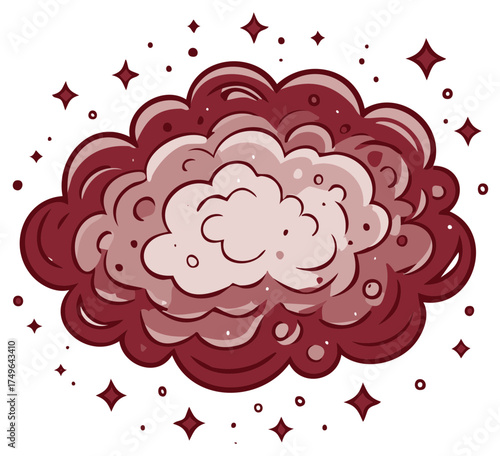 A whimsical cartoon puff of magical red smoke with sparkling stars and dots