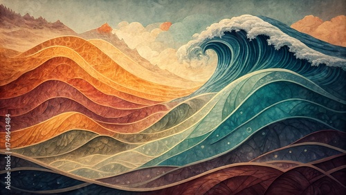 Abstract colorful ocean waves with textured artistic style