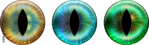 Set of yellow, green, and blue cat eyes with slit pupil. Contact lenses featuring a dragon, reptile, or crocodile. Vector illustration.