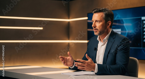 Confident businessman in a formal suit speaking during a television interview or business presentation in a modern studio