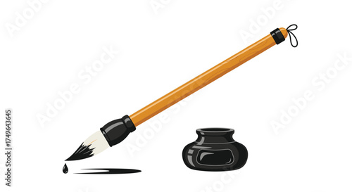 A traditional Chinese brush and inkpot are ready for calligraphy.