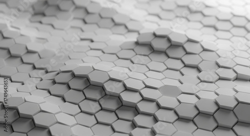 Abstract image of light gray hexagonal pattern, creating a three-dimensional wave effect, showcasing modern design and technological advancement