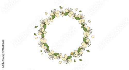 A delicate floral wreath with tiny white blossoms and green leaves.