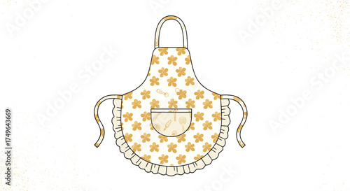 A cute floral patterned apron with a pocket and ruffled edges.