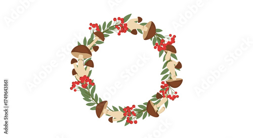A charming wreath composed of mushrooms and red berries with green leaves.