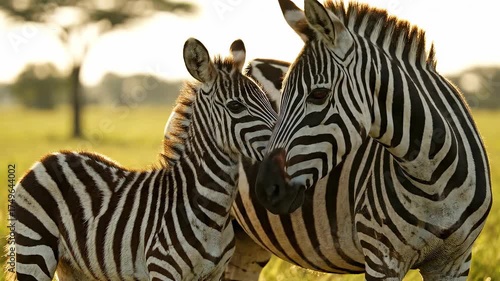 Zebra mother and foal standing in the grassy field