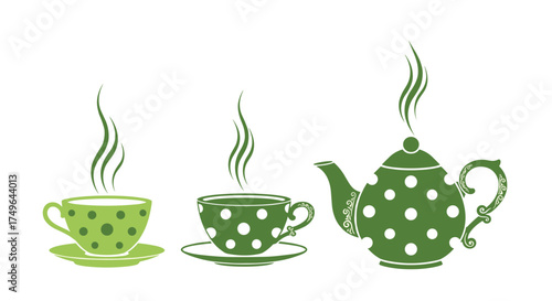 Enjoying hot steaming cups of tea with a teapot.