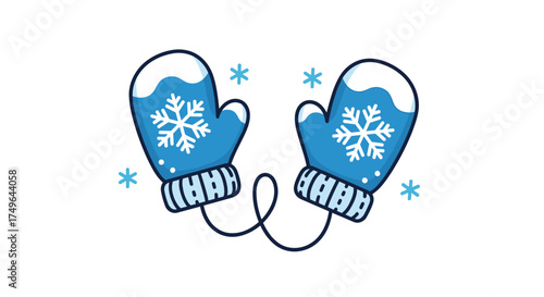 A pair of blue mittens with white snowflakes on a winter day.