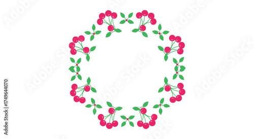 A decorative circular wreath made of red cherries and green leaves.