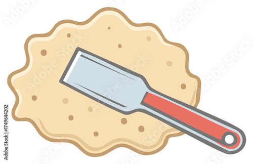 Cartoon illustration of a tool scraping a round, textured surface, isolated on white, simple