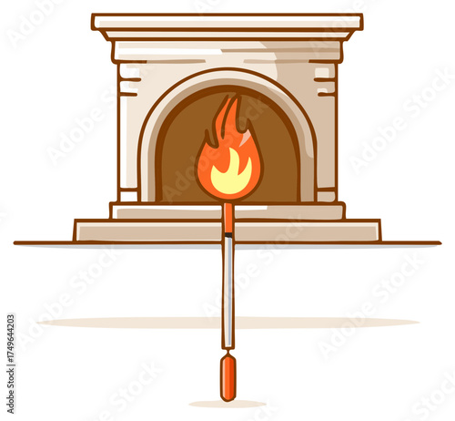 Cartoon illustration of a stone oven with a lit fire and long poker.