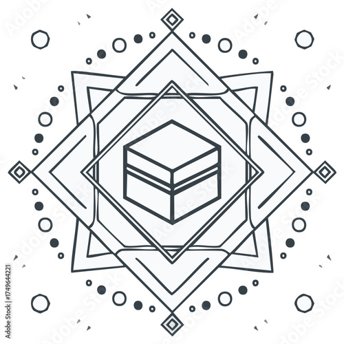 Sacred Kaaba of Mecca symbol in a geometric mandala line art illustration for Hajj pilgrimage