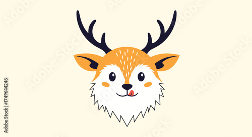 A cute cartoon deer with antlers and its tongue sticking out.