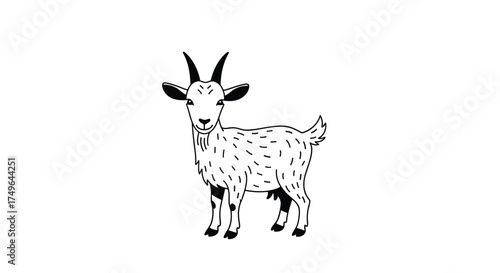 A charming black and white illustration of a young goat standing.
