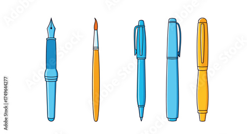 A collection of pens and writing instruments. A variety of blue and gold pens are shown. Some are fountain pens and others are rollerball pens.