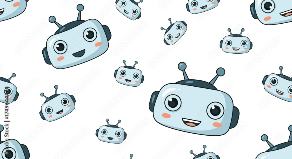 Obraz premium A delightful seamless pattern featuring a collection of cute cartoon robot faces.