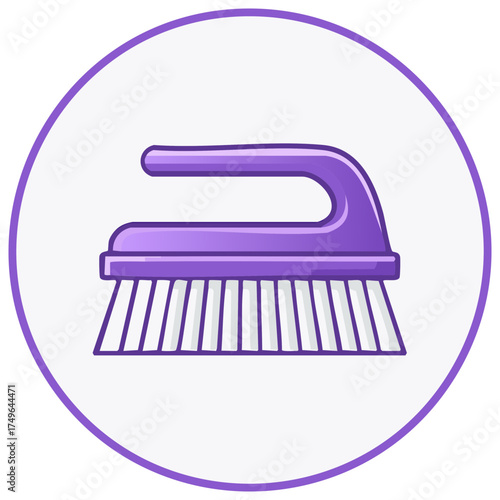Purple cleaning brush illustration with white bristles inside a purple circle